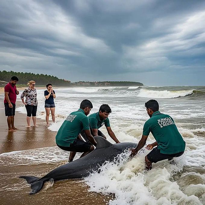 लहरों के थपेड़ों से तट पर आए डॉल्फिन को सुरक्षित समुद्र में छोड़ा