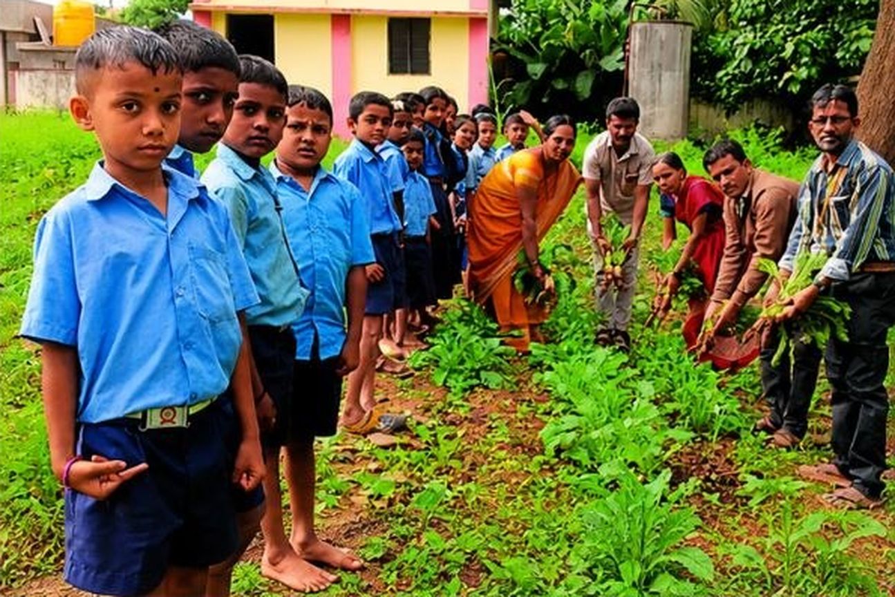 स्कूल की बगिया में खेती सीख रहे बच्चे
