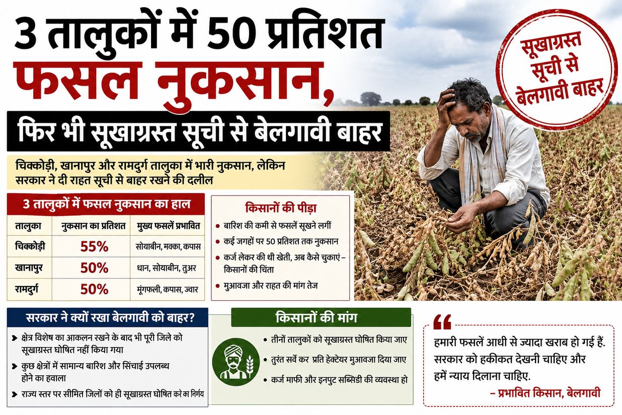 3 तालुकों में 50 प्रतिशत फसल नुकसान, फिर भी सूखाग्रस्त सूची से बेलगावी बाहर