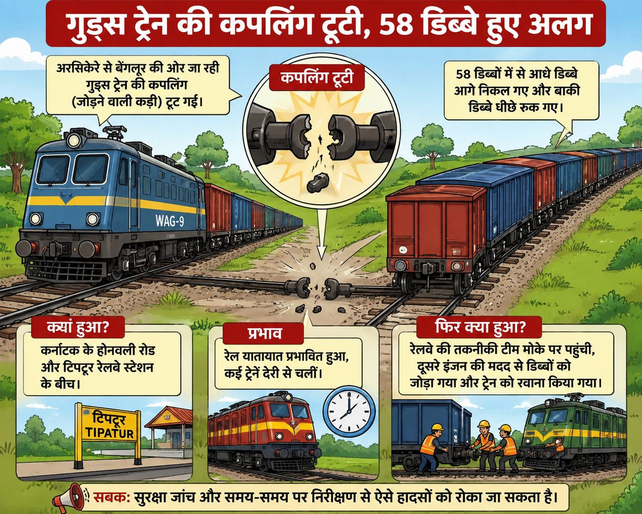 गुड्स ट्रेन की कपलिंग टूटी, 58 डिब्बे हुए अलग
